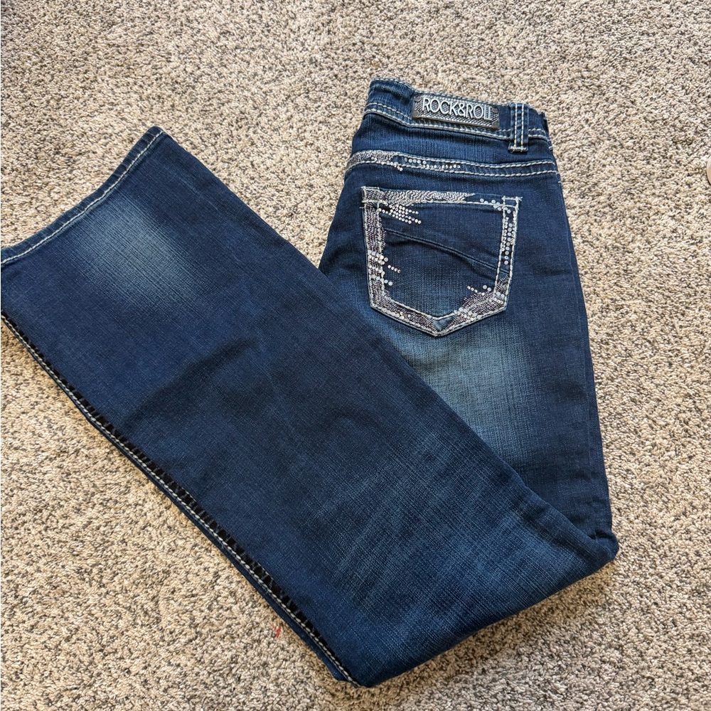 Rock & Roll Cowgirl Dark Blue Bootcut Jeans with Embroidered Back Pocket 29X34